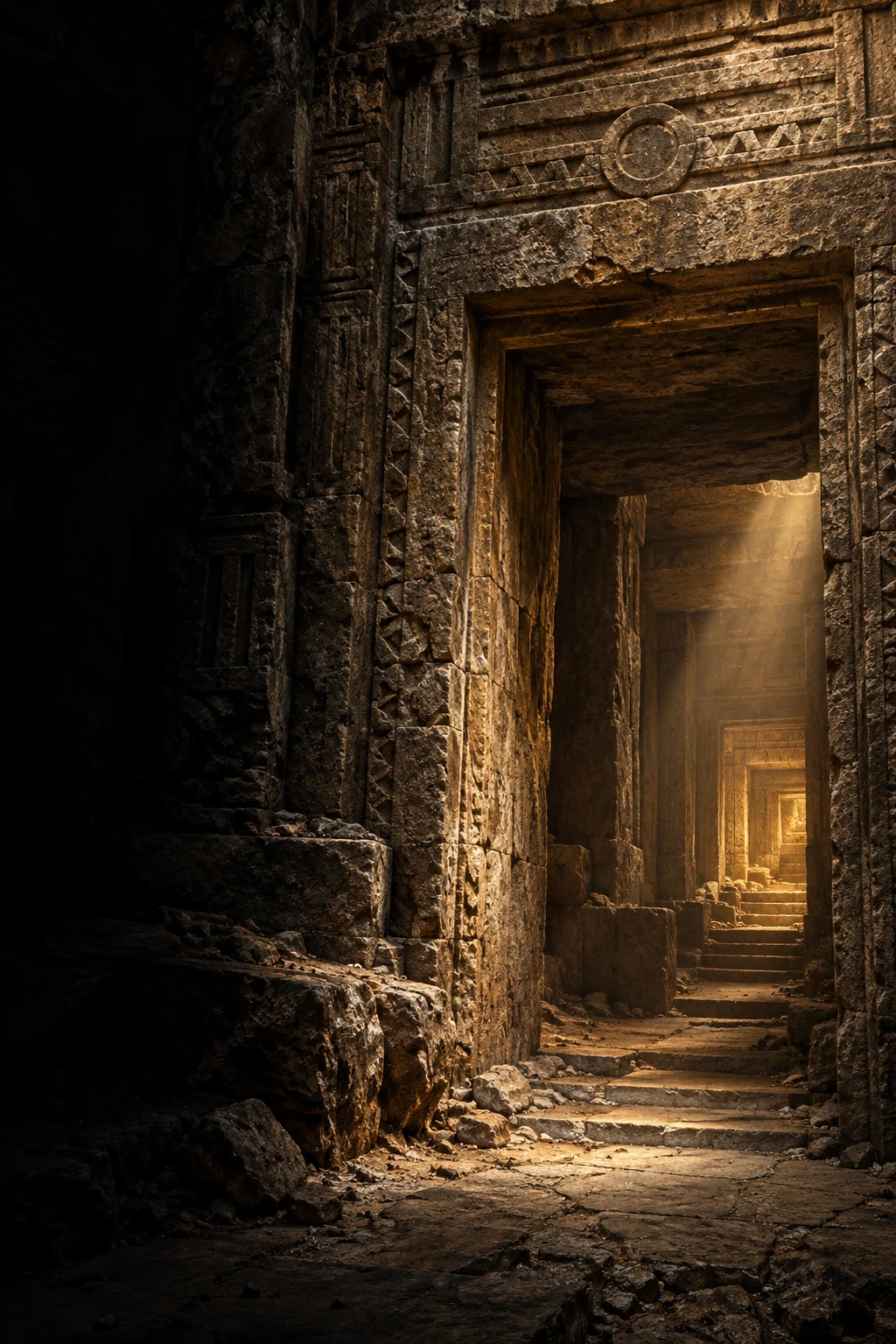 Cinematic artwork of a weathered ancient stone passage with carved walls and warm light